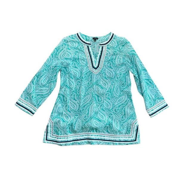 Talbots Green Paisley Green White Trim 100% Cotton Side Slits Tunic Top Size M - Picture 1 of 4
